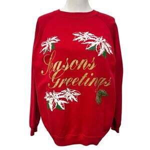 Vintage Womens Christmas Sweatshirt Crewneck Seasons Greetings Holiday Red Sz L